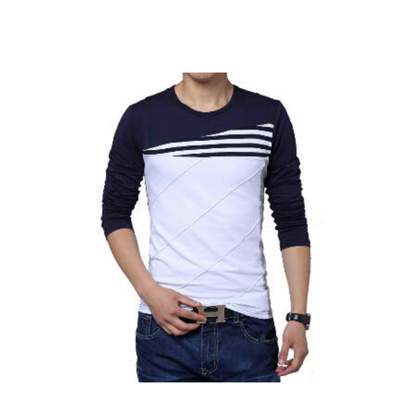 Casual Patchwork O neck Striped Shirt Man Long Sleeve T-Shirt